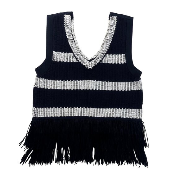 Club Monaco Navy & White Striped Knit Tank Top Fringe Sz XS Gold Buttons Trendy - Picture 6 of 14